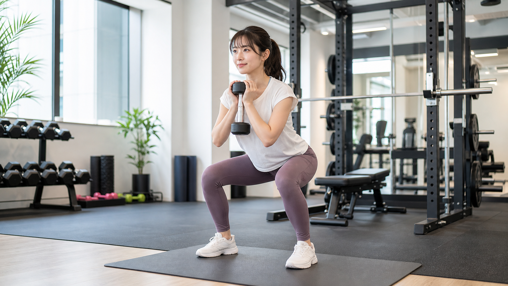 50代女性が女性トレーナーと無理なく筋トレをする様子