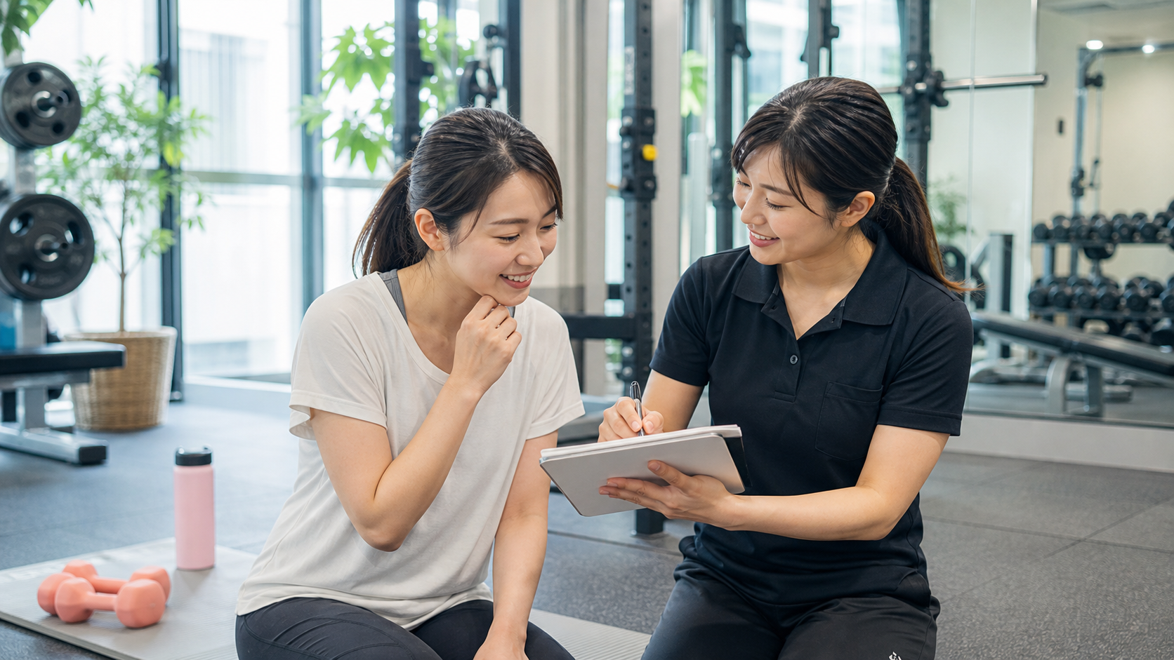 50代女性が女性トレーナーに相談している様子